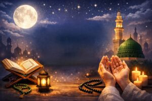 شبِ جمعہ کی فضیلت پر اسلامی تصویر جس میں قرآن، تسبیح، مسجد اور دعا کرتے ہاتھ دکھائے گئے ہیں