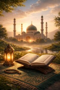 حضرت ابو دجانہؓ کی بہادری کا اسلامی منظر جس میں جنگ احد، مسجد اور اسلامی ماحول دکھایا گیا ہے