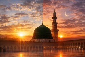 صبح و شام کے اذکار مسجد اور طلوع و غروب آفتاب اسلامی منظر