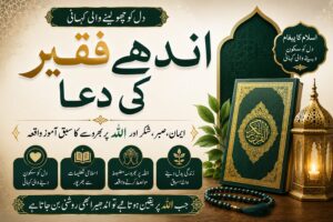 اسلامی فیچر امیج جس میں قرآنِ پاک، اسلامی لالٹین اور “اندھے فقیر کی دعا” کے عنوان کے ساتھ ایمان، صبر اور اللہ پر بھروسے کا پیغام دکھایا گیا ہے