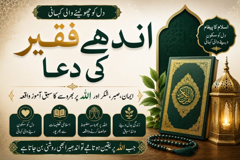 اسلامی فیچر امیج جس میں قرآنِ پاک، اسلامی لالٹین اور “اندھے فقیر کی دعا” کے عنوان کے ساتھ ایمان، صبر اور اللہ پر بھروسے کا پیغام دکھایا گیا ہے