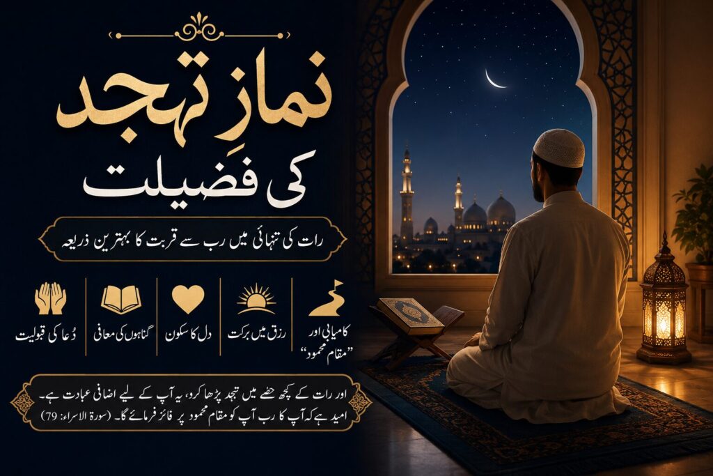 ایک مسلمان رات کے وقت تہجد کی نماز ادا کر رہا ہے، کھڑکی کے ذریعے مسجد اور چاند نظر آ رہا ہے۔
