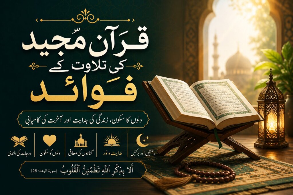قرآن مجید کی تلاوت کے فوائد کو ظاہر کرتی اسلامی تصویر جس میں قرآن کریم، رحل، فانوس اور مسجد کا خوبصورت منظر موجود ہے